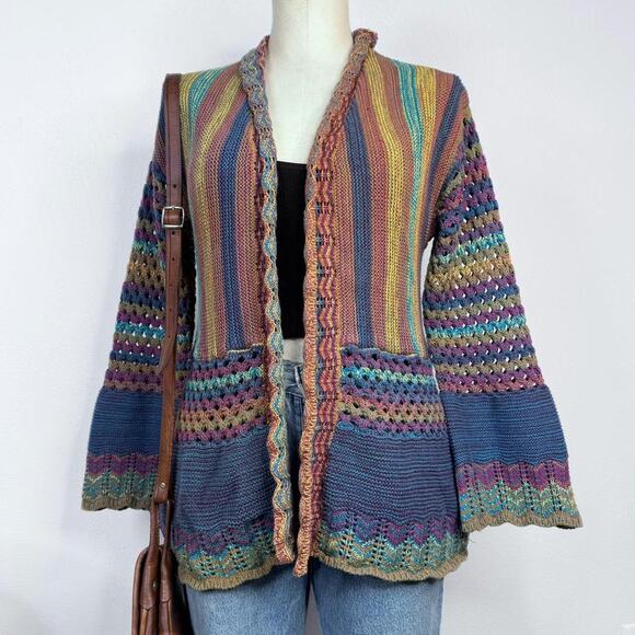 Y2K Rainbow Multi-Color 3D Knit Cardigan Sweater Open Front Bell Sleeves Small - Picture 1 of 7
